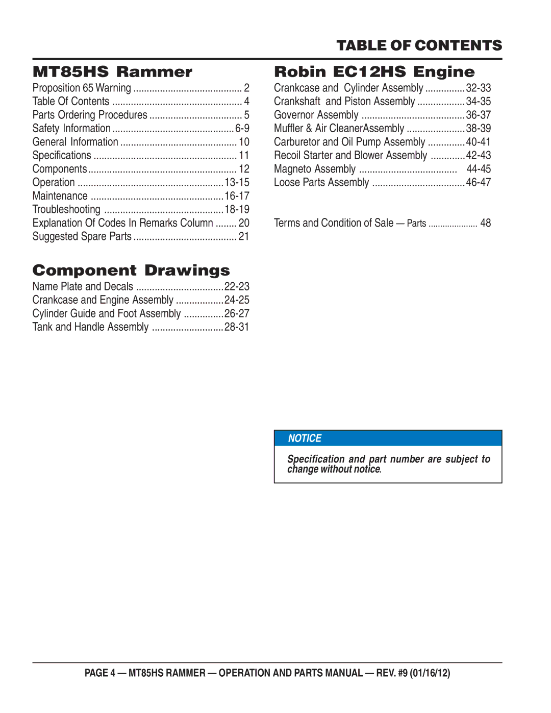 Multiquip operation manual MT85HS Rammer Robin EC12HS Engine, Table of Contents 