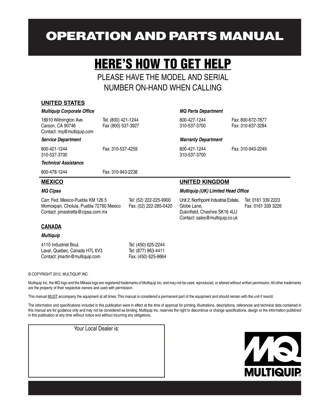 Multiquip MT85HS operation manual HERE’S HOW to GET Help 