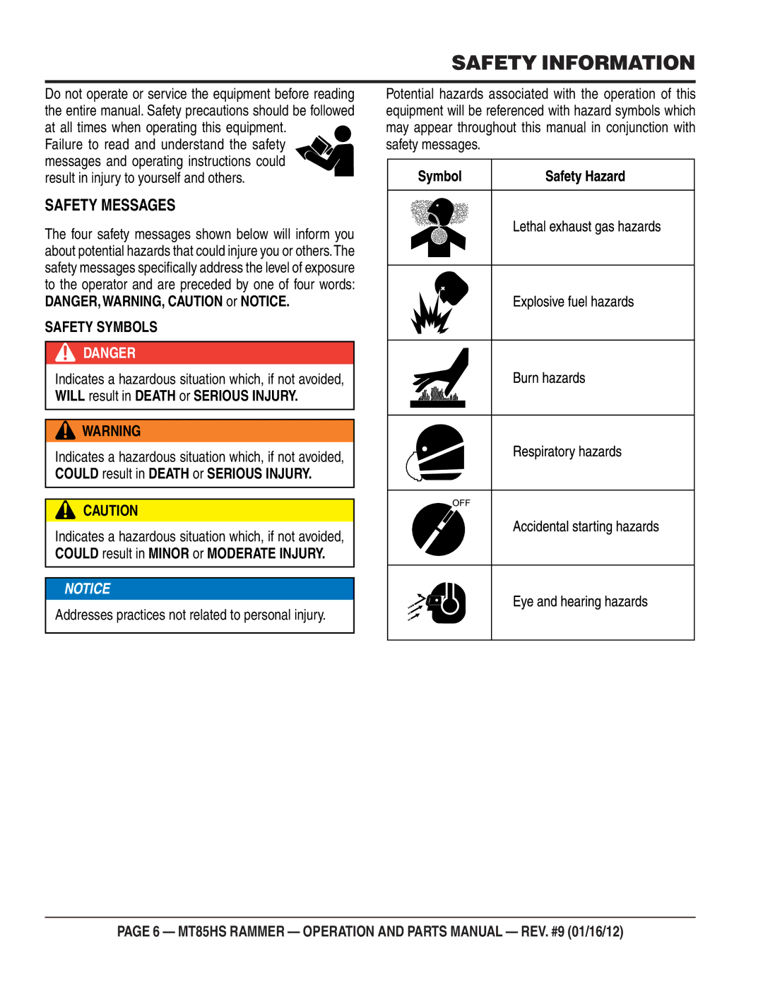 Multiquip MT85HS operation manual Safety Information, Safety Messages 