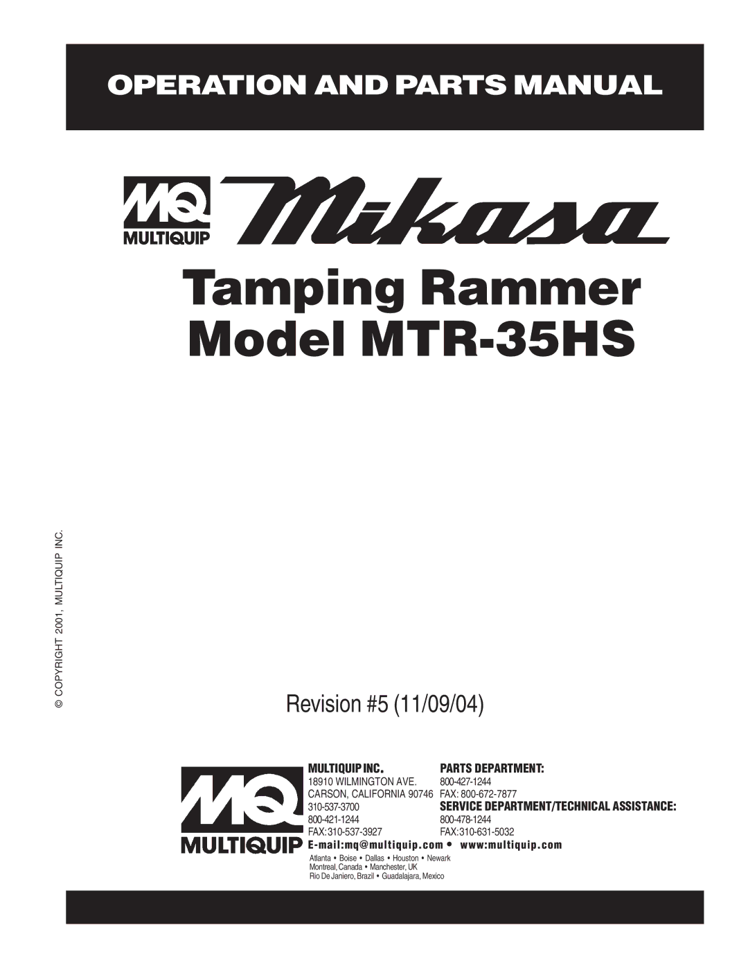 Multiquip manual Tamping Rammer Model MTR-35HS 