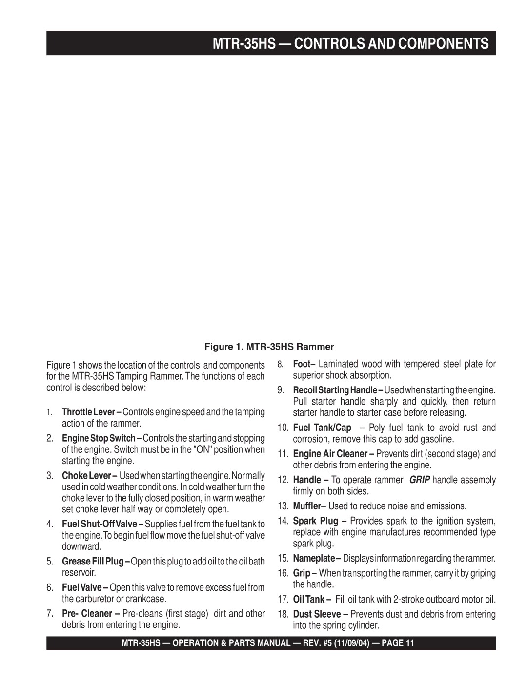 Multiquip manual MTR-35HS Controls and Components 