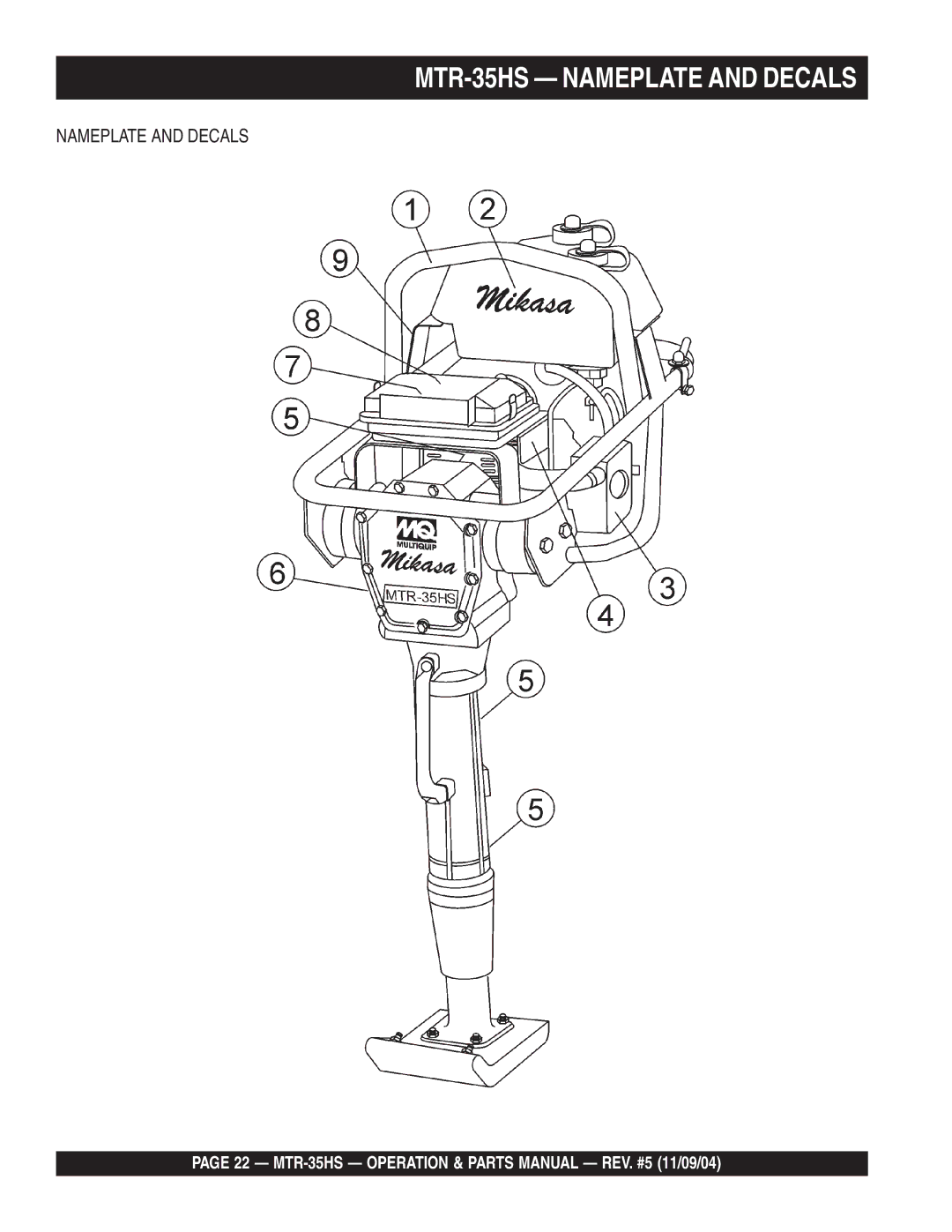 Multiquip manual MTR-35HS Nameplate and Decals 