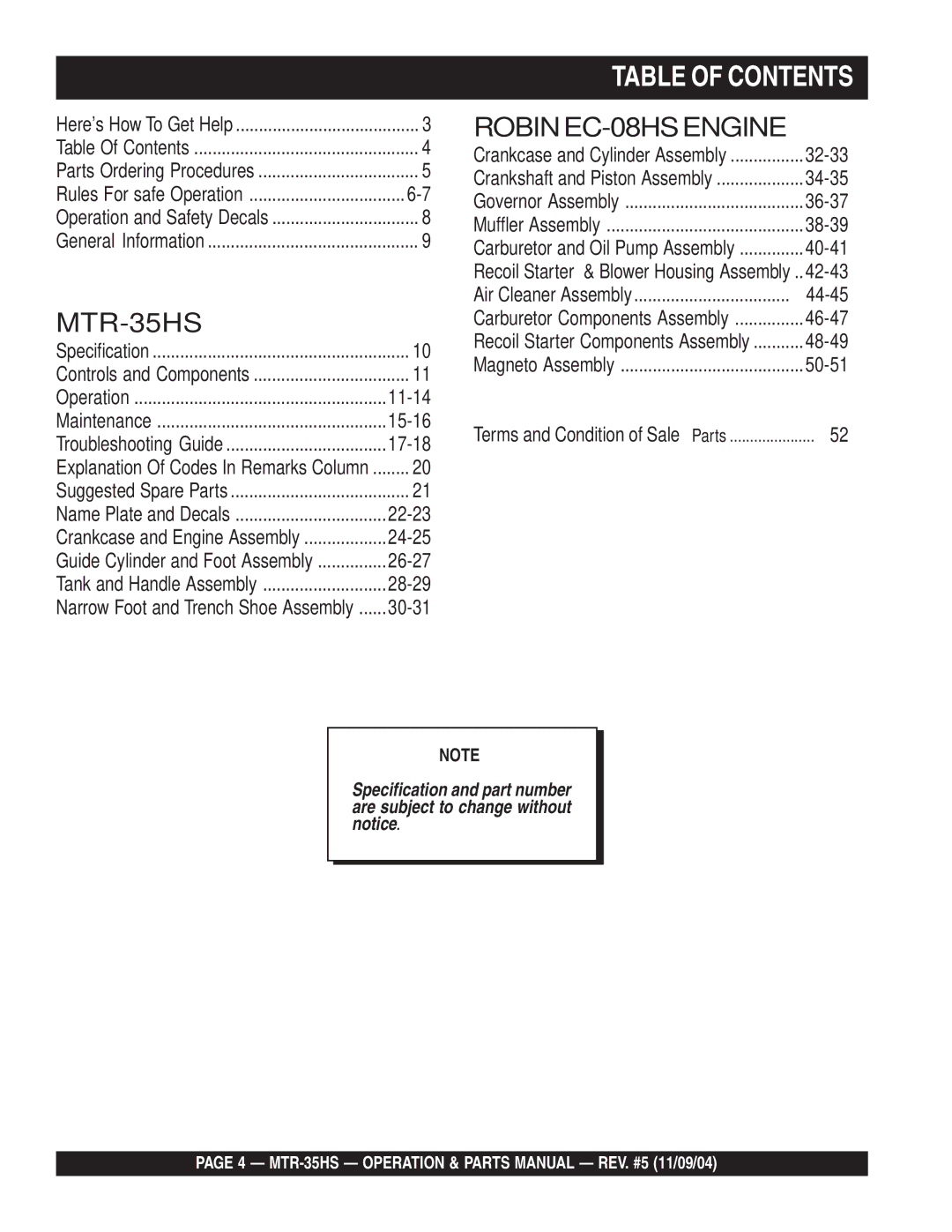 Multiquip MTR-35HS manual Table of Contents 