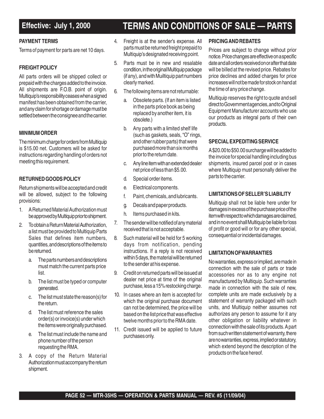 Multiquip MTR-35HS manual Terms and Conditions of Sale Parts 