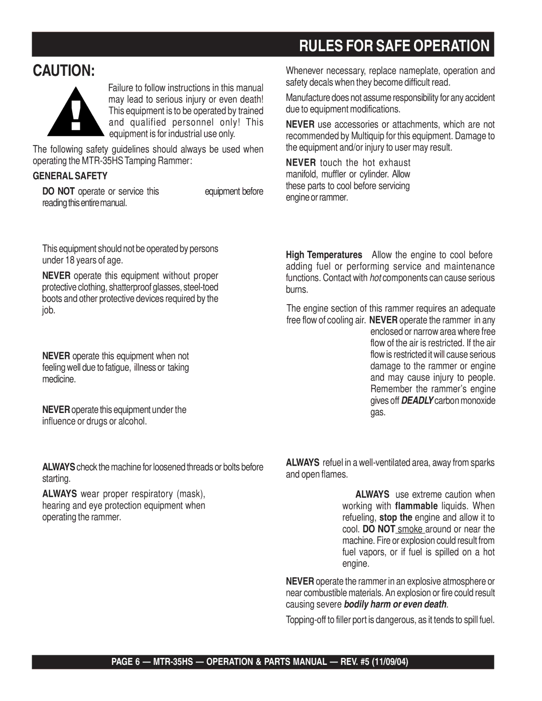 Multiquip MTR-35HS manual Rules for Safe Operation, General Safety 