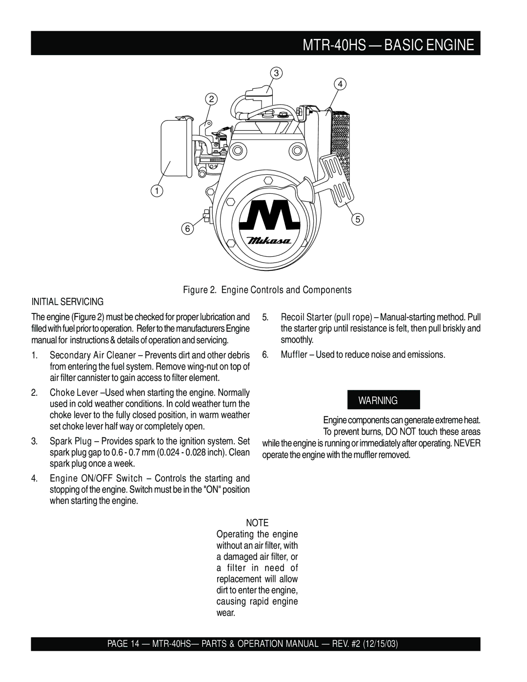 Multiquip mtr-40hs manual MTR-40HS Basic Engine, Engine Controls and Components 