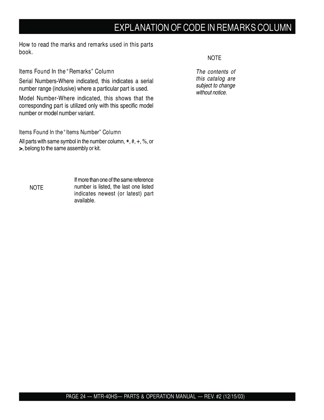 Multiquip mtr-40hs manual Explanation of Code in Remarks Column, Items Found In the Items Number Column 