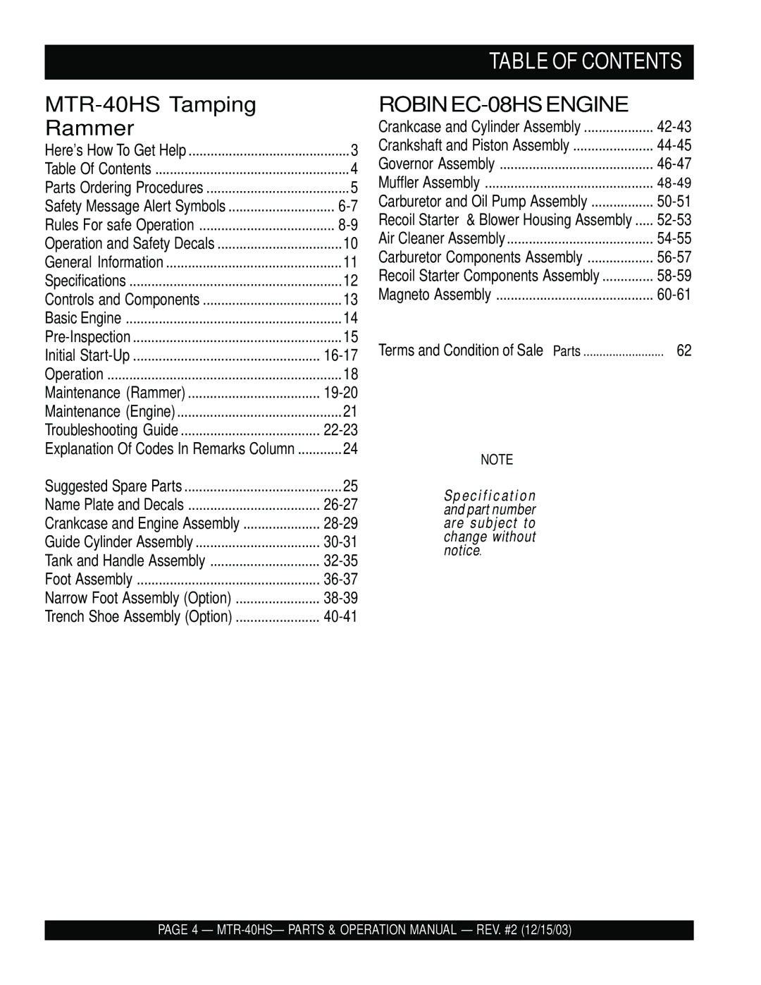 Multiquip mtr-40hs manual Table of Contents 