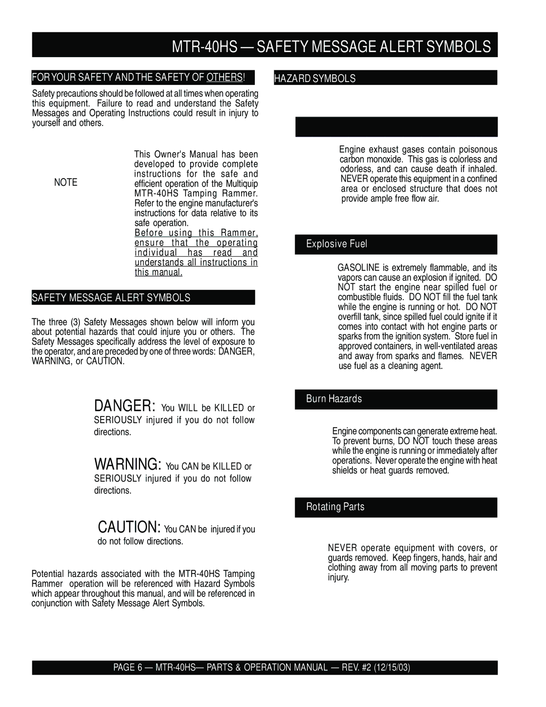 Multiquip mtr-40hs manual MTR-40HS Safety Message Alert Symbols 