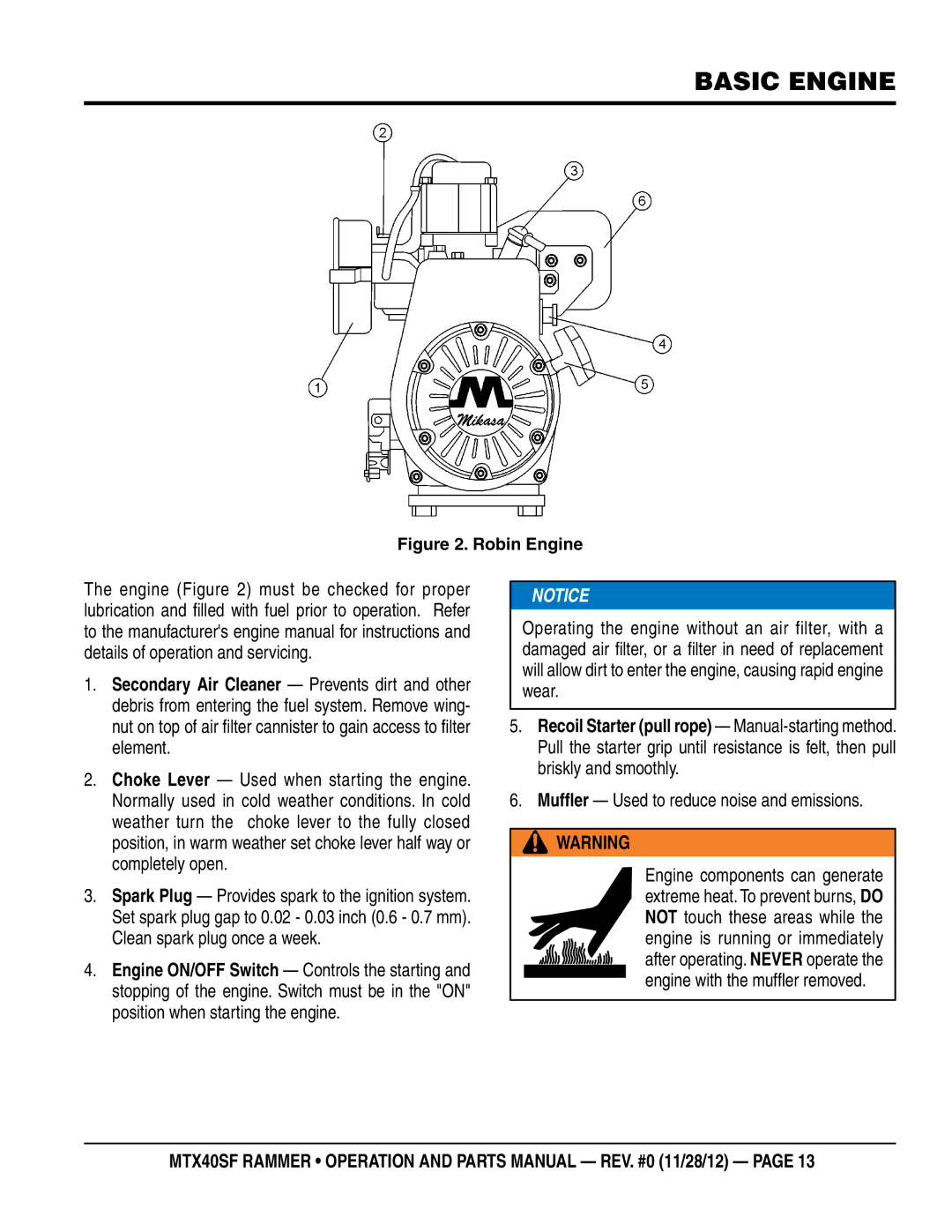 Multiquip MTR40SF manual Basic engine, Muffler Used to reduce noise and emissions 