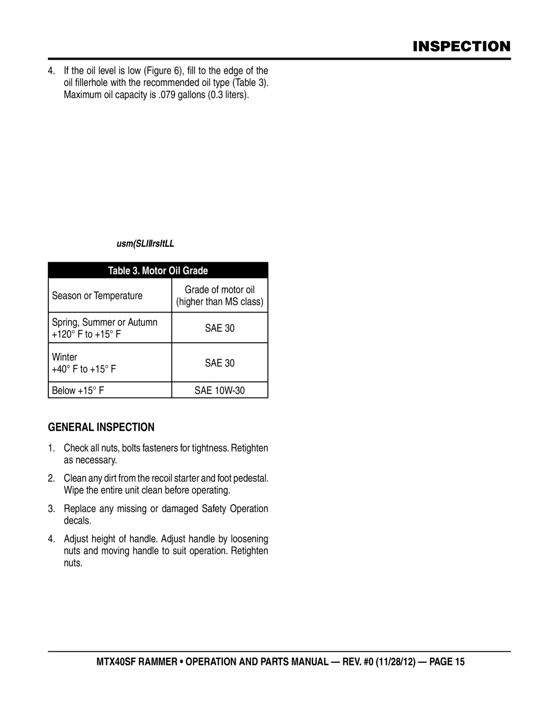 Multiquip MTR40SF manual General Inspection, Motor Oil Grade 