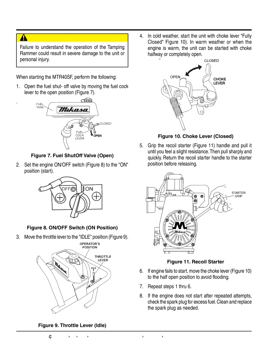 Multiquip MTR40SF manual Operation, Set the engine ON/OFF switch to the on position start 