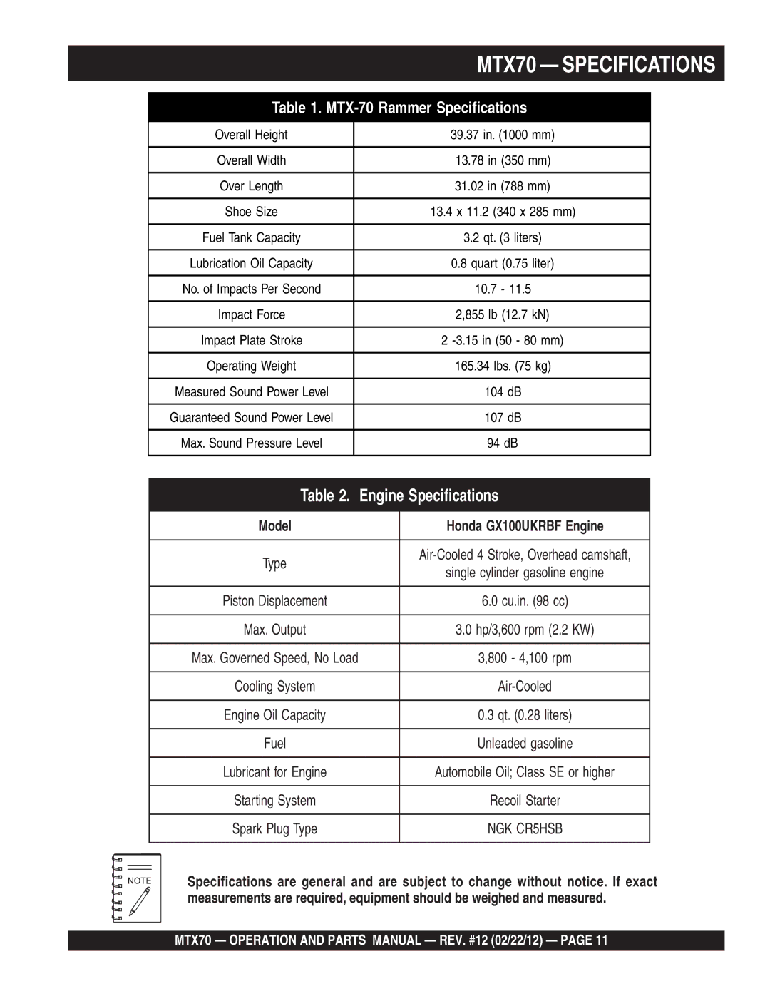 Multiquip manual MTX70 Specifications 