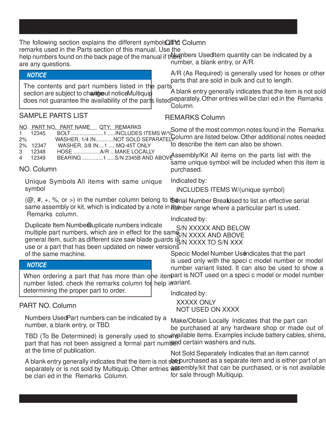 Multiquip manual MTX70-EXPLANATION of Parts Section Remarks, Xxxxx only Not Used on 