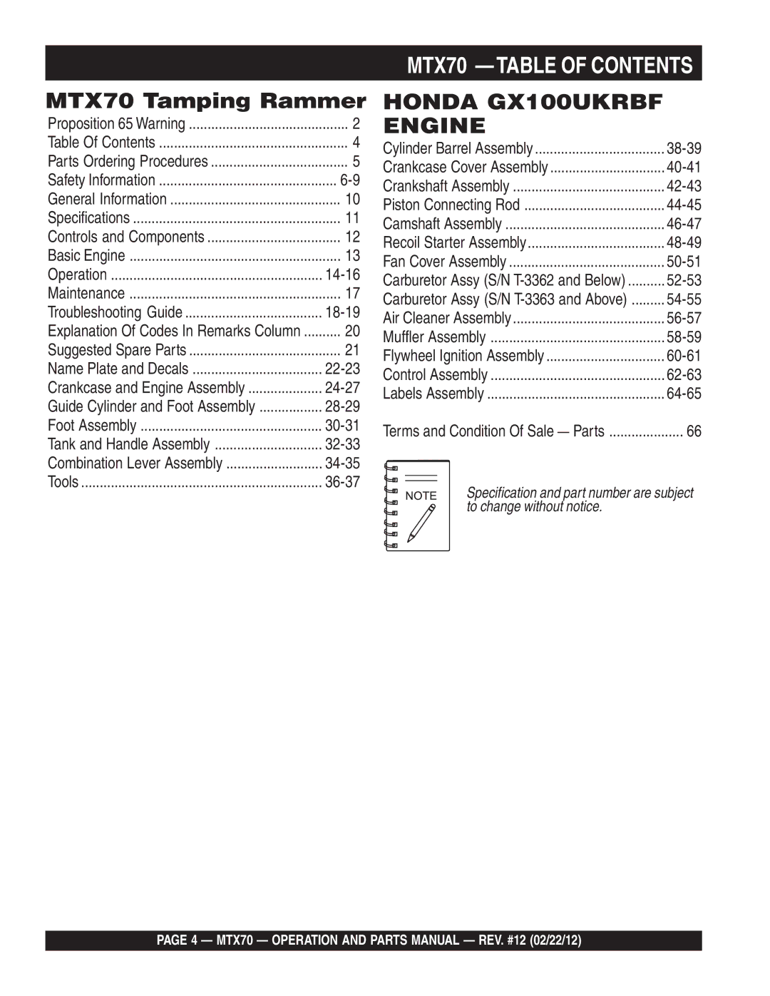 Multiquip manual MTX70 -TABLE of Contents 