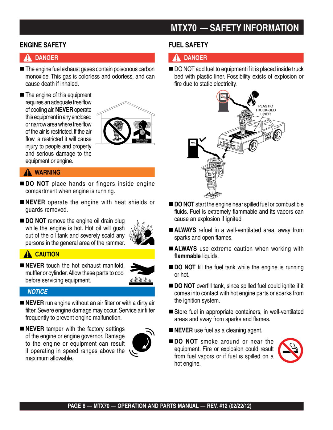 Multiquip MTX70 manual Engine Safety 