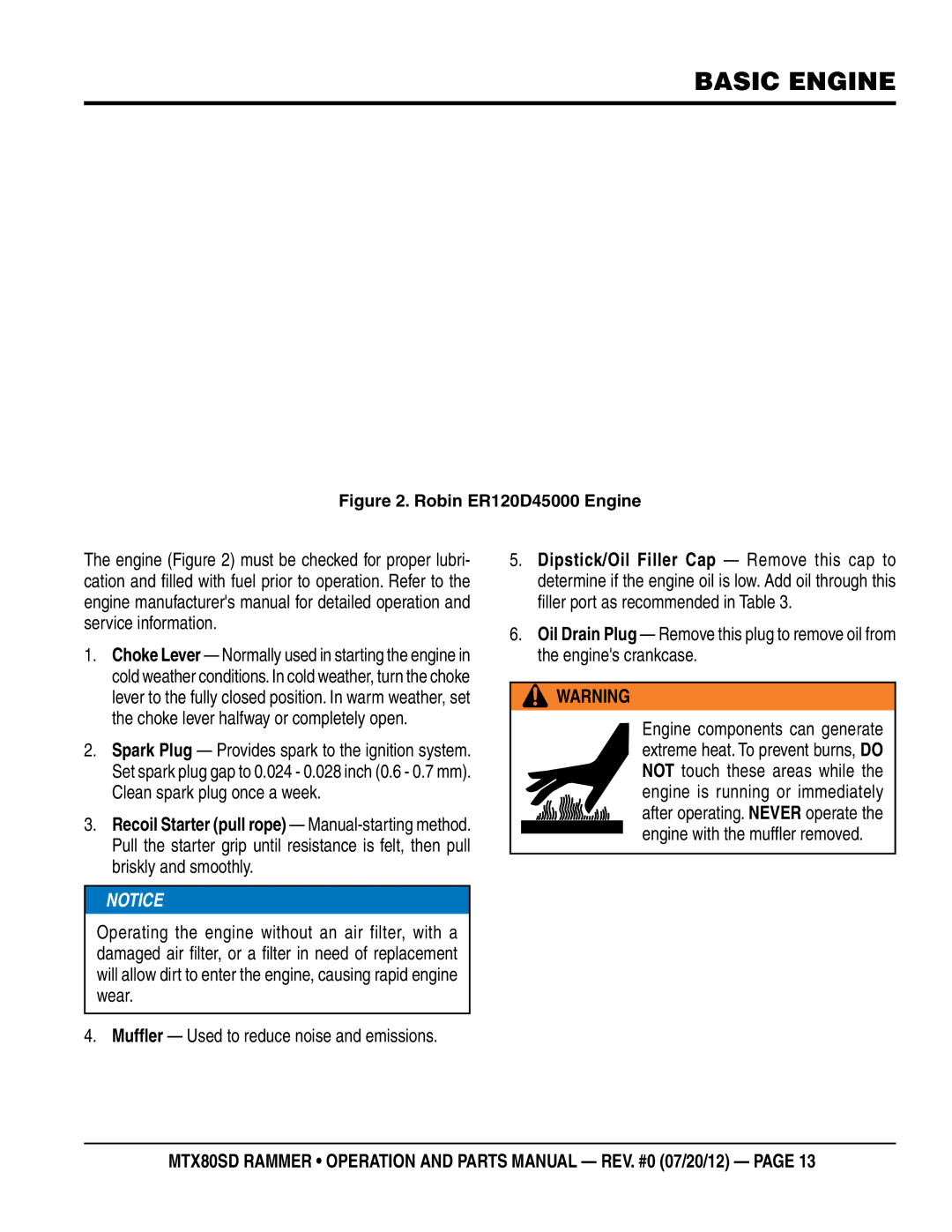 Multiquip MTX80SD manual Basic engine, Robin ER120D45000 Engine 