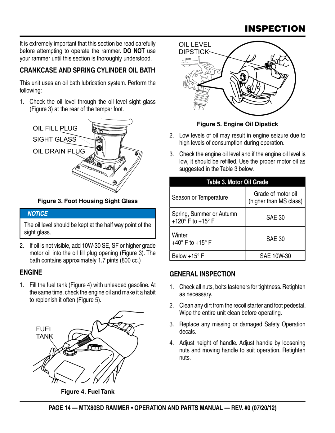 Multiquip MTX80SD manual Crankcase and Spring Cylinder Oil Bath, Engine, General Inspection 