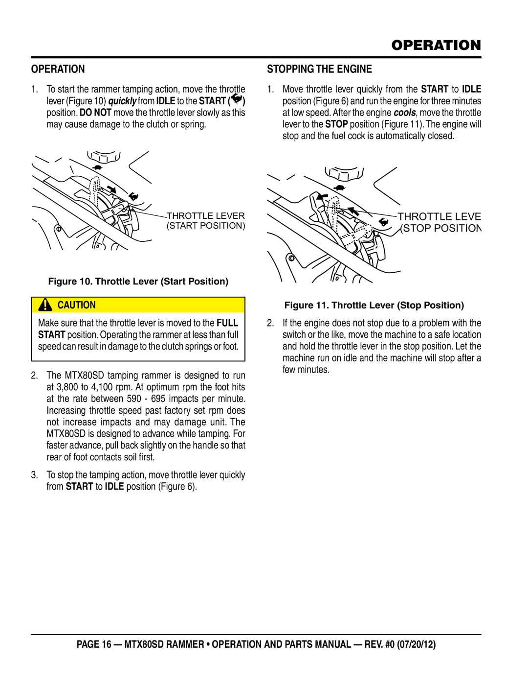 Multiquip MTX80SD manual Operation, Stopping The Engine 