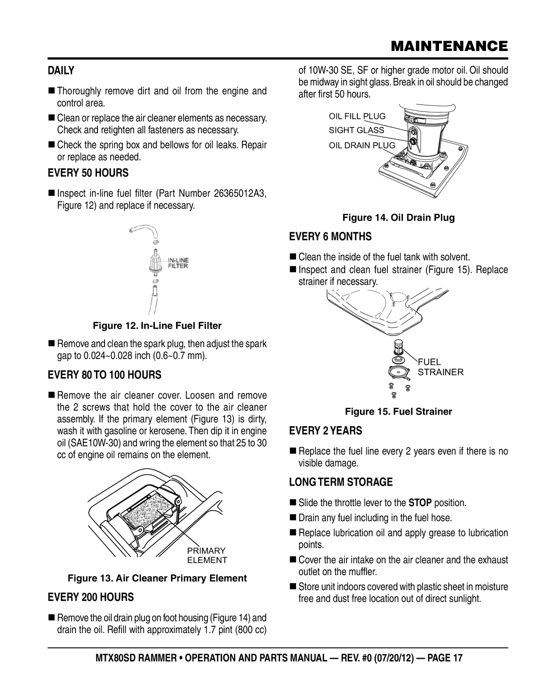 Multiquip MTX80SD manual Maintenance, Every 80 to 100 Hours, Long Term Storage 