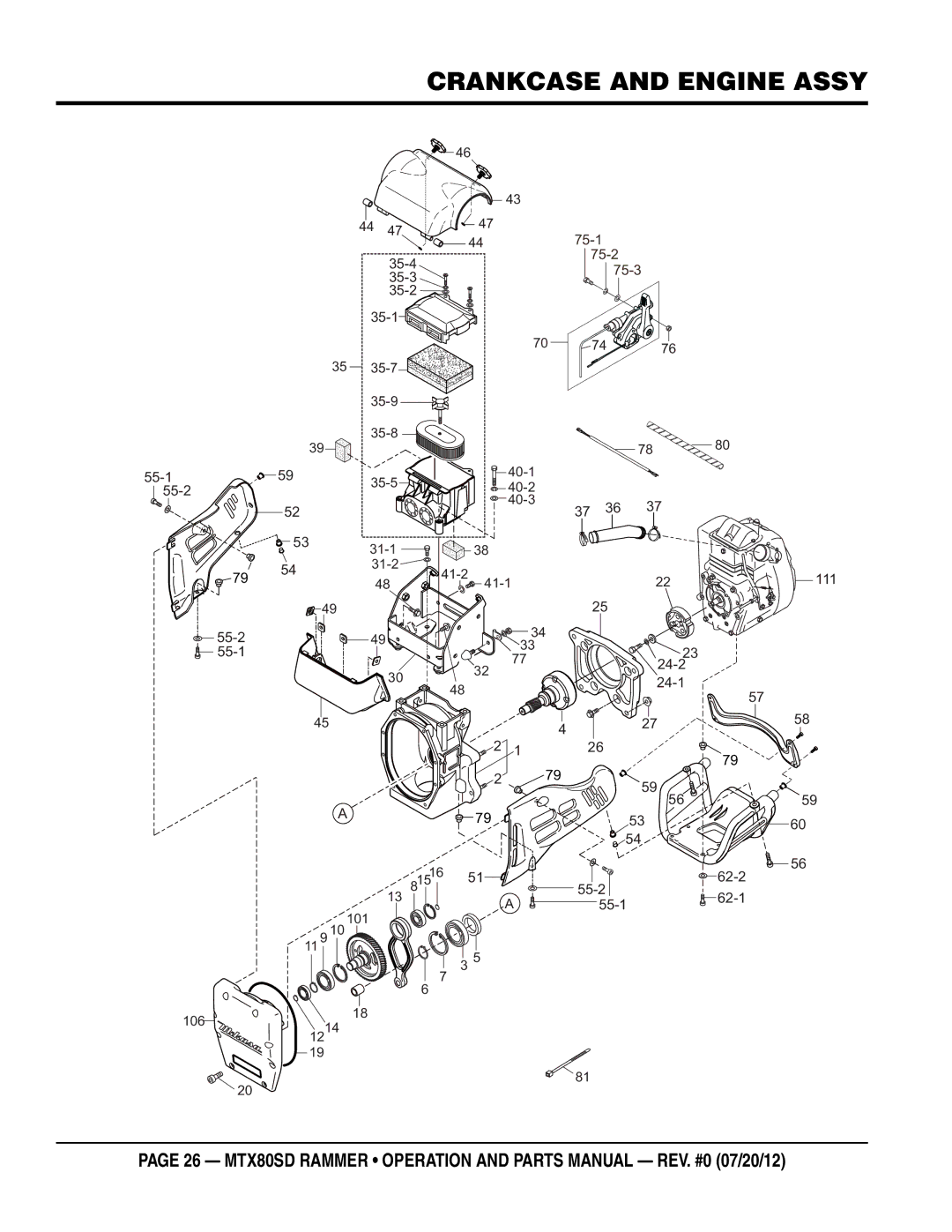 Multiquip MTX80SD manual Crankcase and engine assy, 75-1 75-2 75-3 