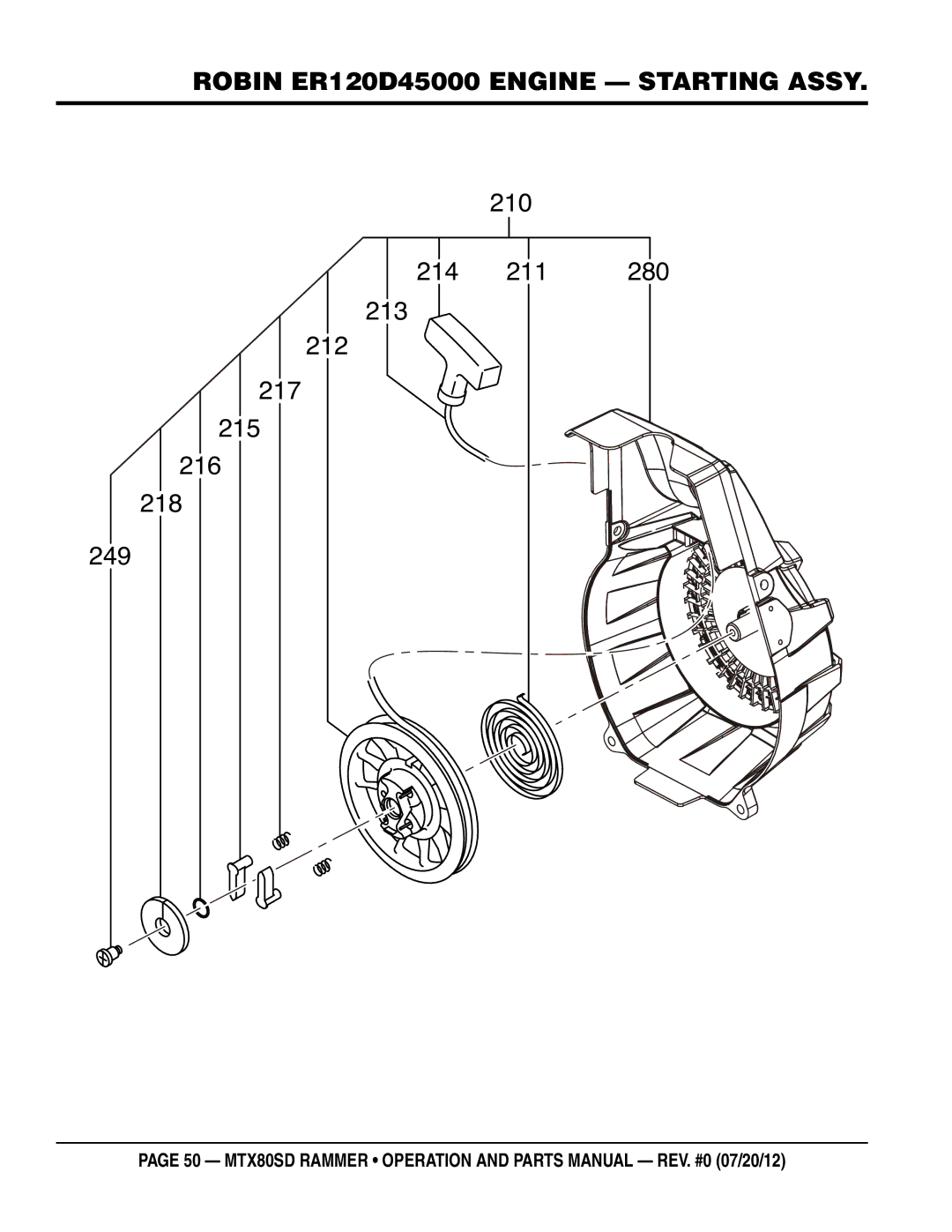 Multiquip MTX80SD manual 210 214 211 213 212 217 216 249, Robin er120d45000 engine starting assy 