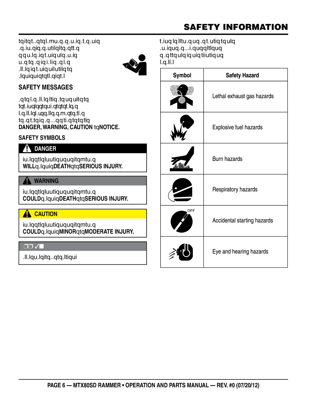 Multiquip MTX80SD manual Safety Information, SaFeTy MeSSageS 