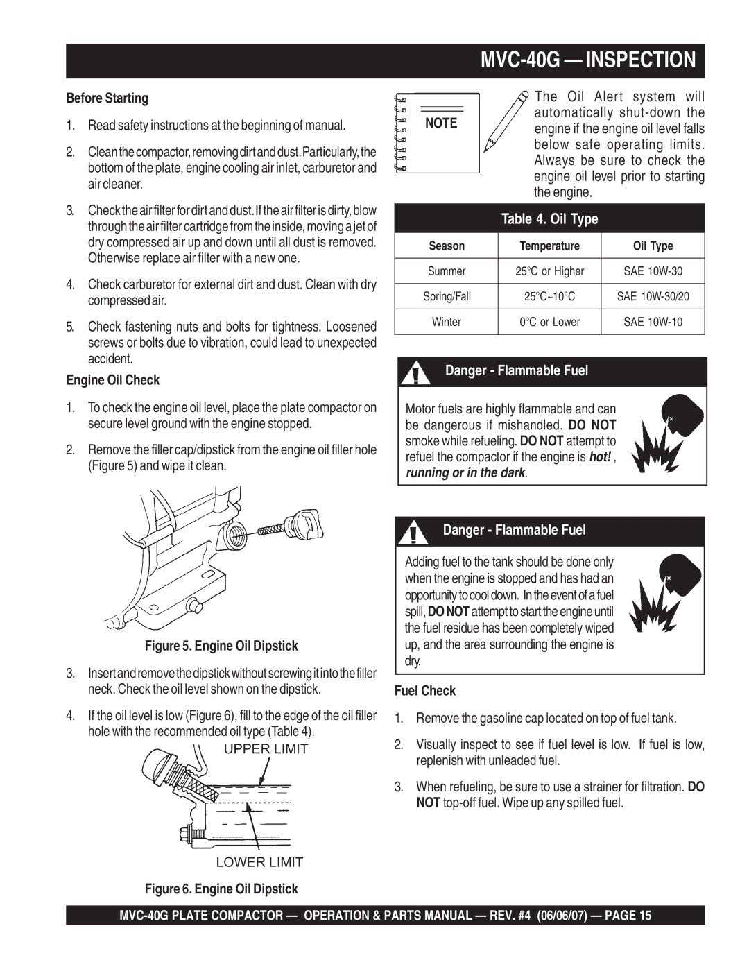 Multiquip manual MVC-40G Inspection, Before Starting, Engine Oil Check, Fuel Check 