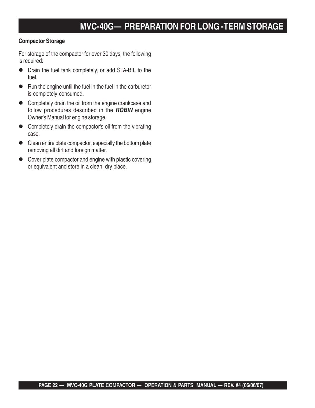 Multiquip manual MVC-40G- Preparation for Long -TERM Storage, Compactor Storage 