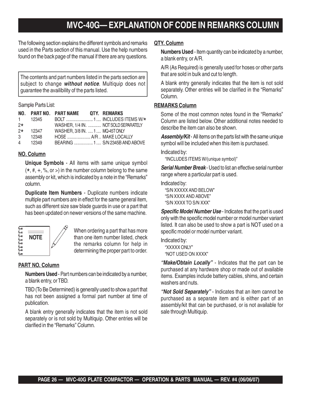 Multiquip MVC-40G manual Part NO. Column, QTY. Column, Remarks Column 