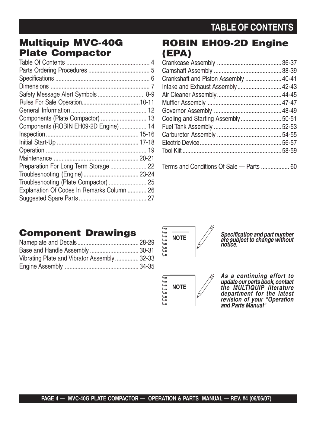 Multiquip MVC-40G manual Table of Contents 