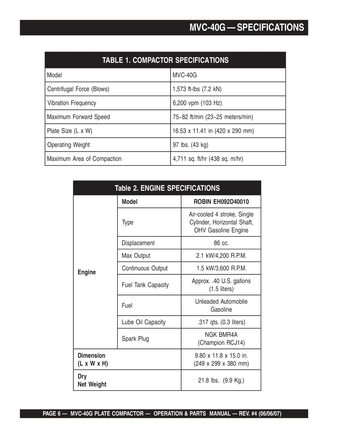 Multiquip manual MVC-40G Specifications, Compactor Specifications 