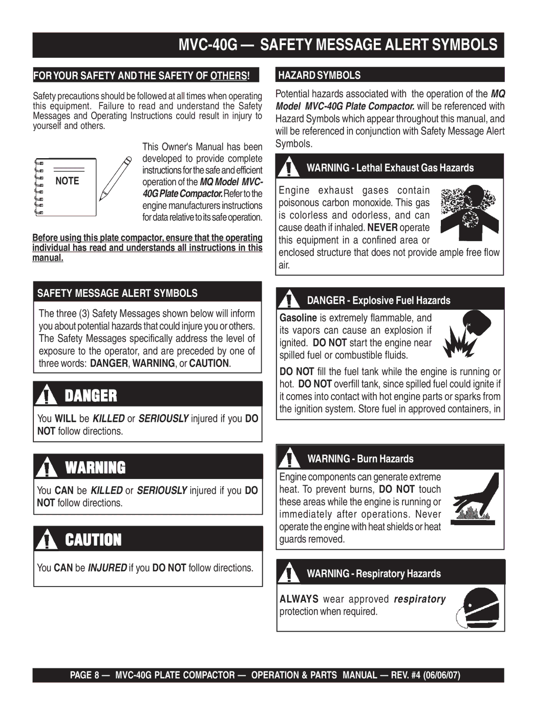 Multiquip manual MVC-40G Safety Message Alert Symbols, Always wear approved respiratory protection when required 