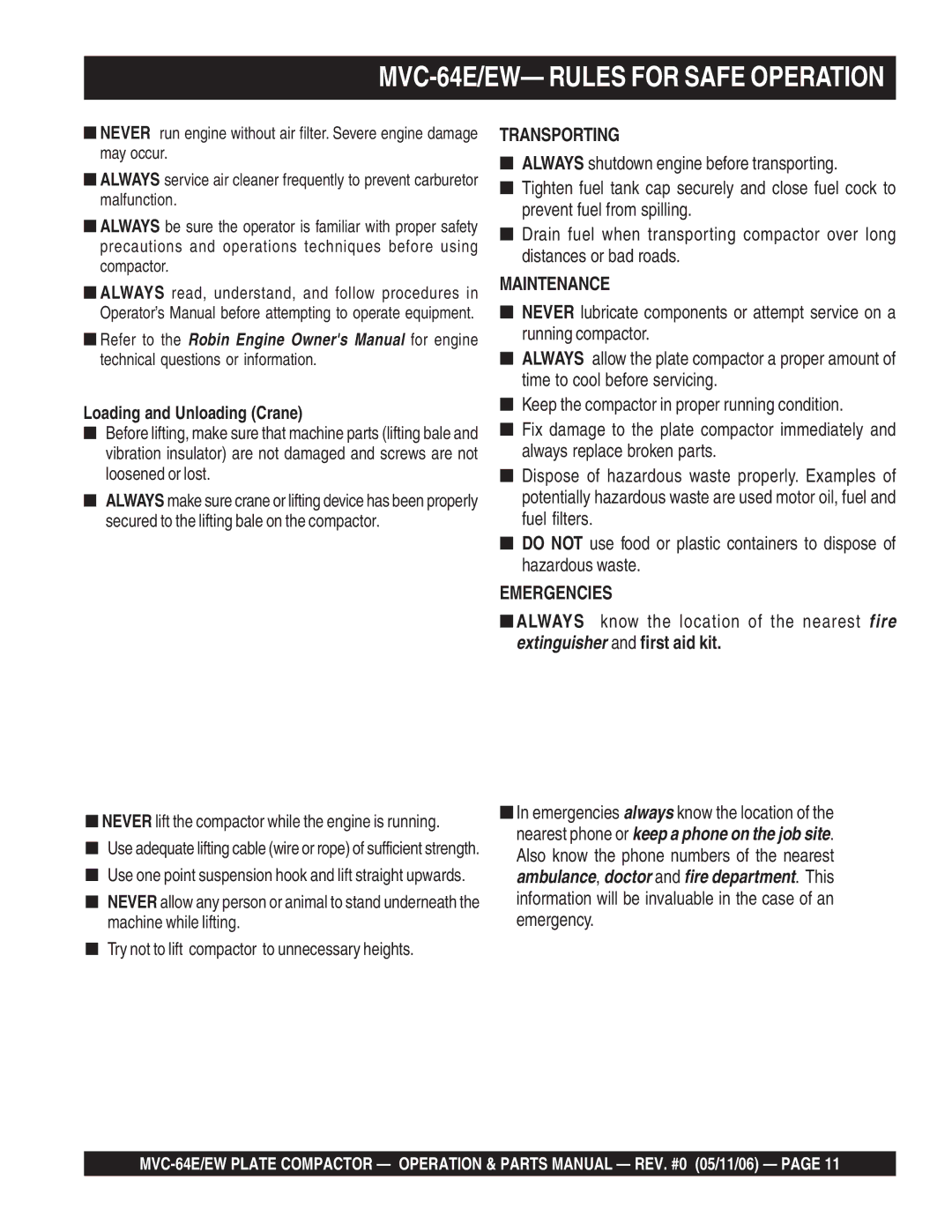 Multiquip manual MVC-64E/EW- Rules for Safe Operation, Loading and Unloading Crane 