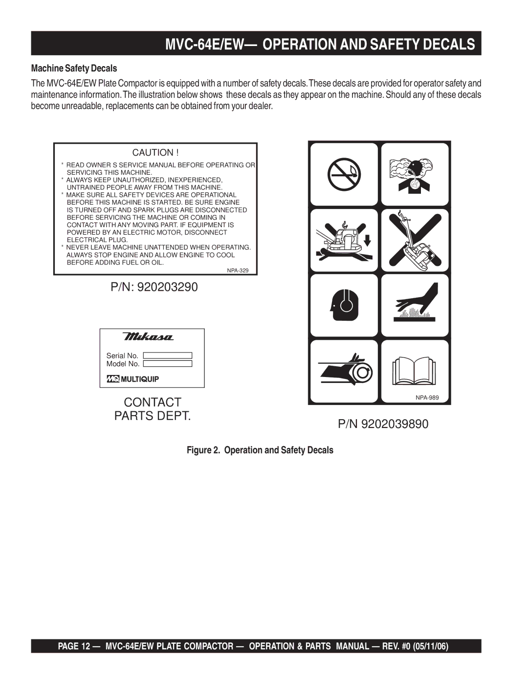 Multiquip manual MVC-64E/EW- Operation and Safety Decals, Machine Safety Decals 