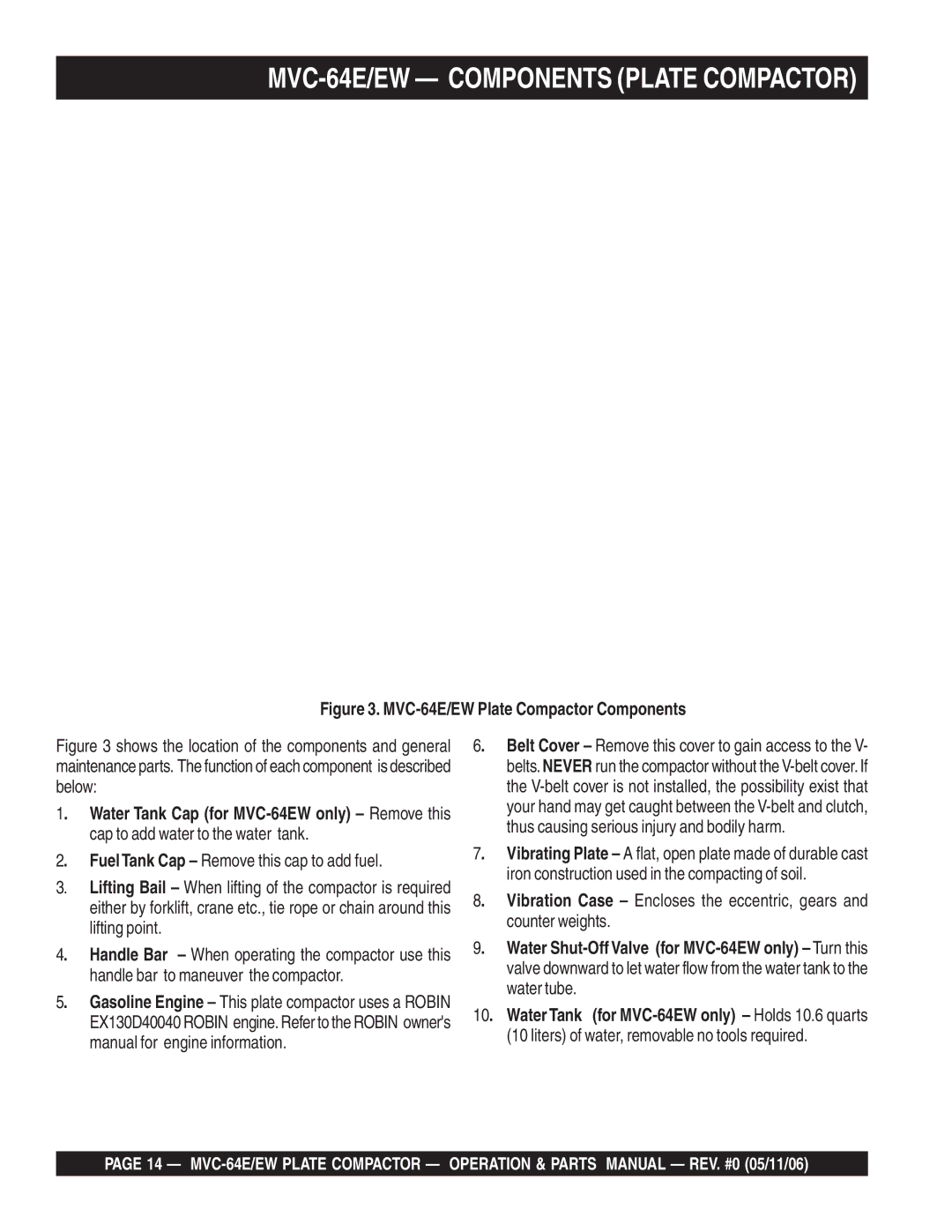 Multiquip manual MVC-64E/EW Components Plate Compactor, Counter weights, Water tube 