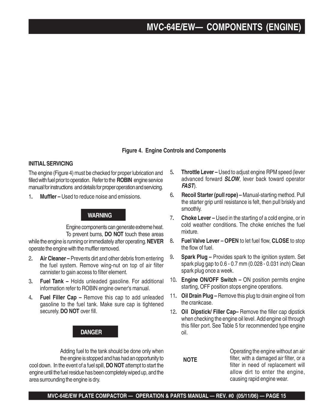 Multiquip manual MVC-64E/EW- Components Engine, Engine Controls and Components 