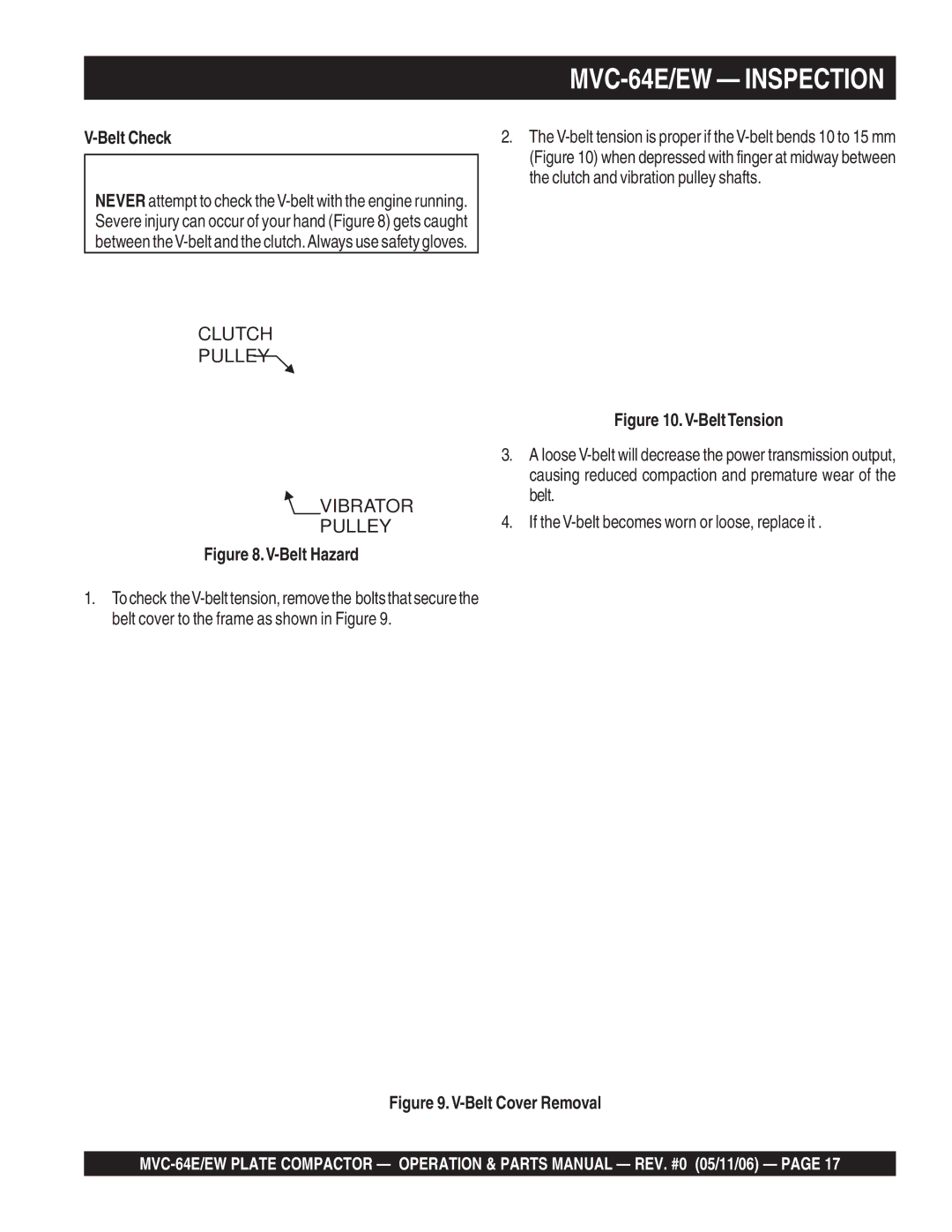 Multiquip manual MVC-64E/EW Inspection, Belt Check 