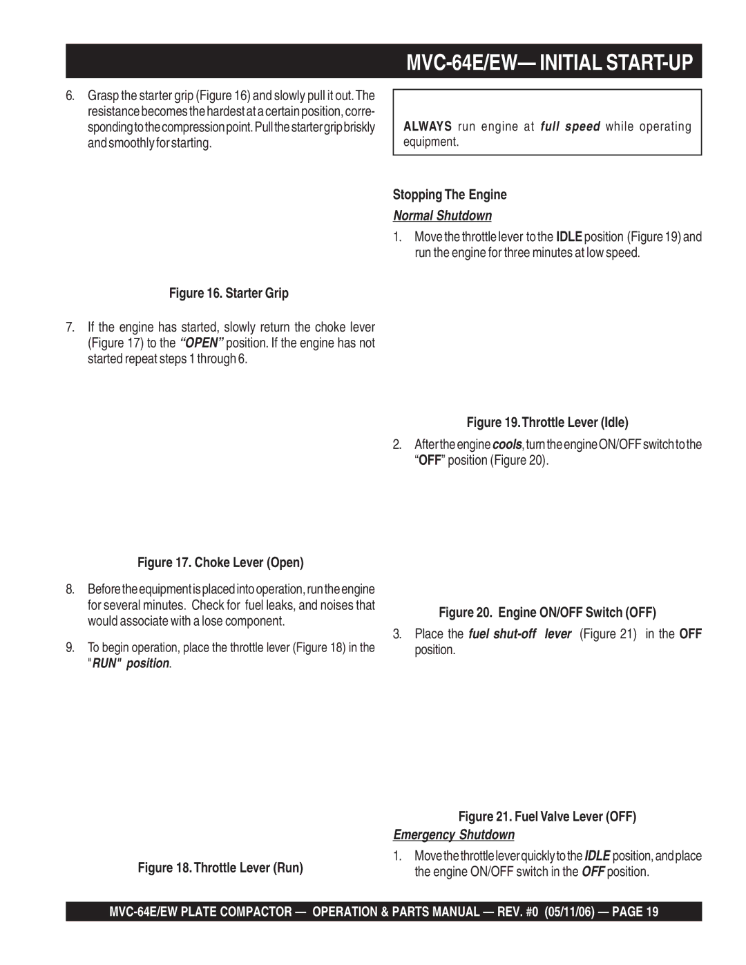 Multiquip manual MVC-64E/EW- Initial START-UP, Stopping The Engine 