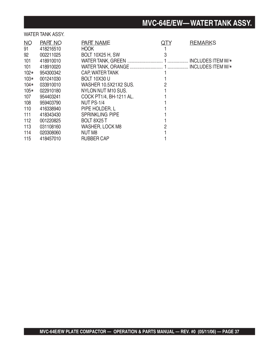 Multiquip manual MVC-64E/EW- Watertank Assy, Hook 