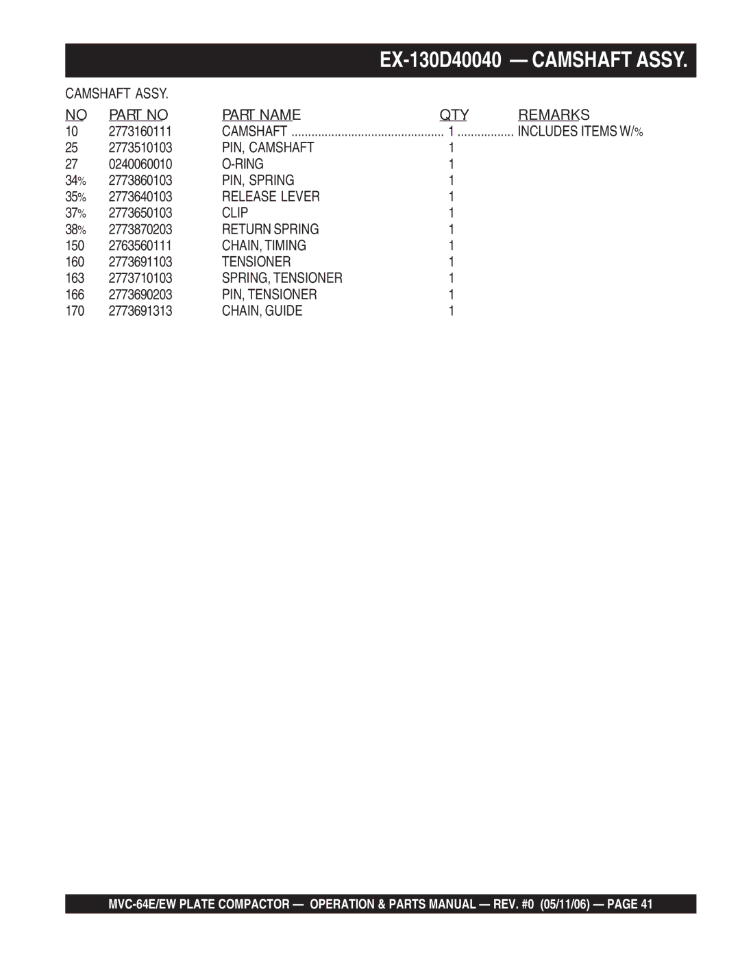 Multiquip MVC-64E/EW manual PIN, Camshaft 