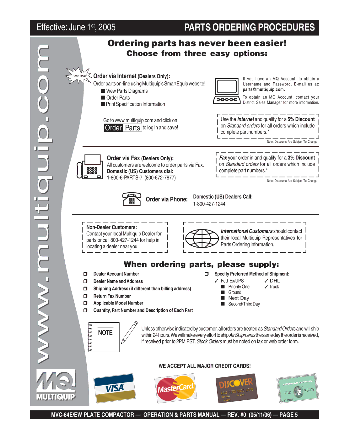 Multiquip MVC-64E/EW manual Best Deal! Order via Internet Dealers Only, Order via Fax Dealers Only 