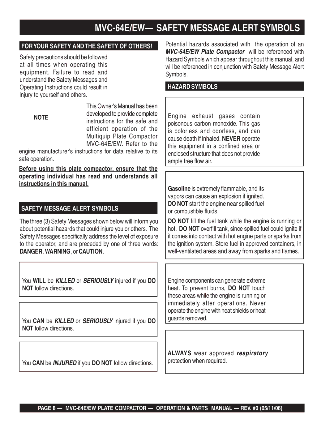 Multiquip manual MVC-64E/EW- Safety Message Alert Symbols, Foryour Safety and the Safety of Others 