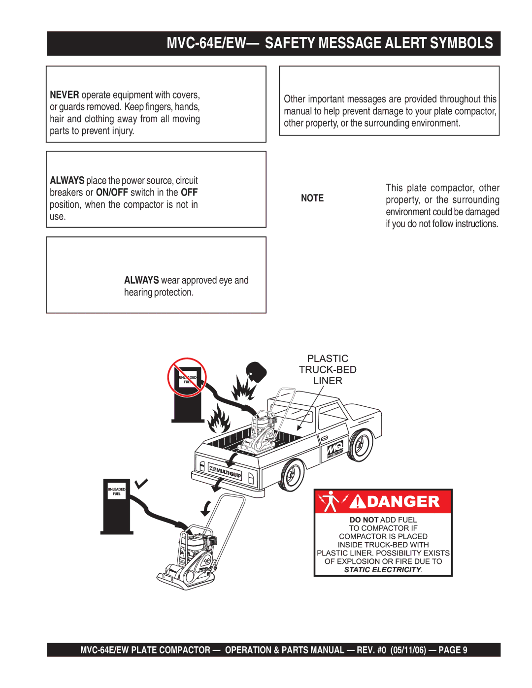 Multiquip manual MVC-64E/EW- Safety Message Alert Symbols 