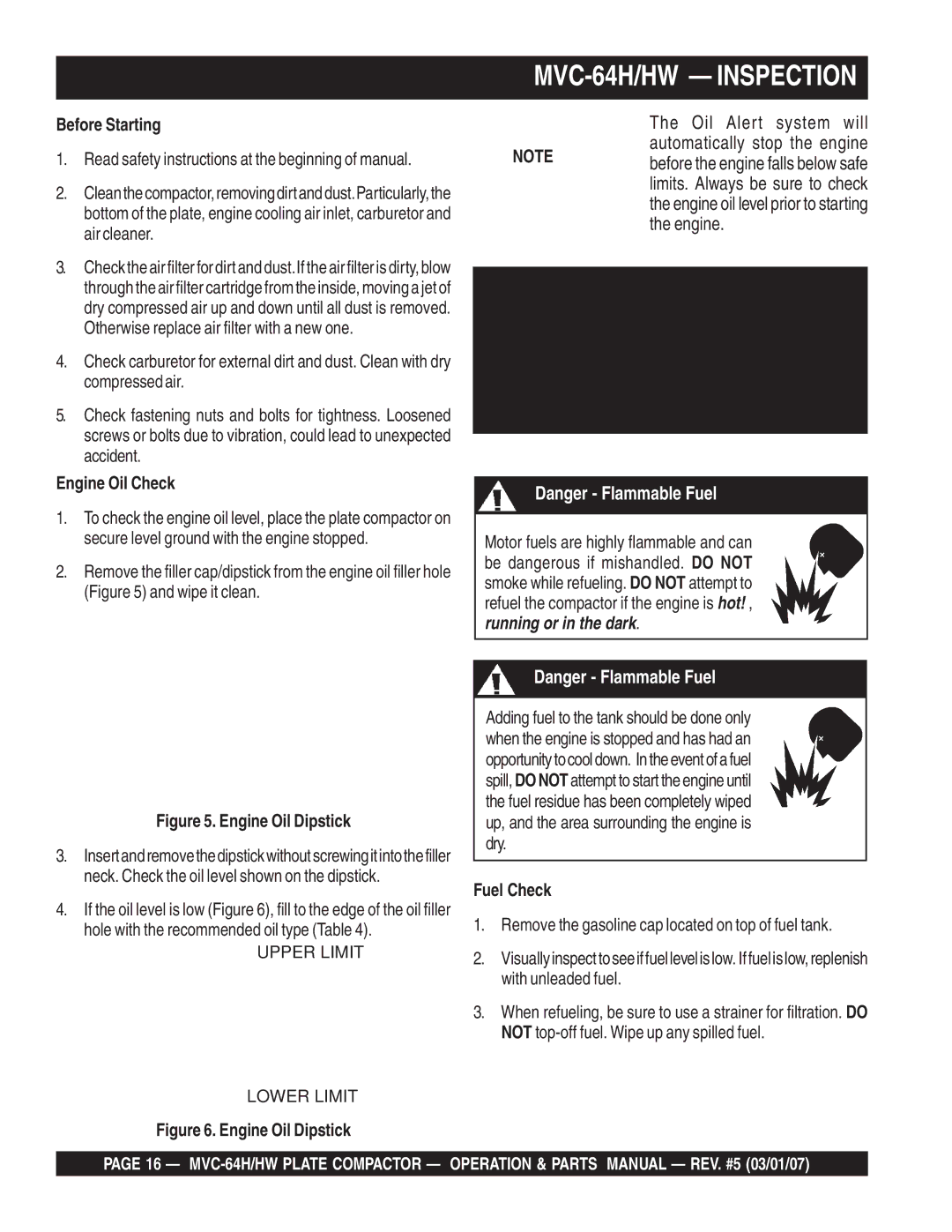 Multiquip MVC-64HW manual MVC-64H/HW Inspection, Before Starting, Engine Oil Check, Fuel Check 