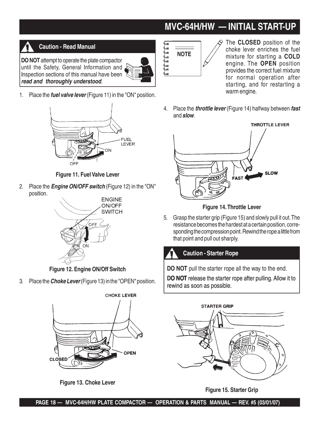 Multiquip MVC-64HW manual MVC-64H/HW Initial START-UP, Fuel Valve Lever 