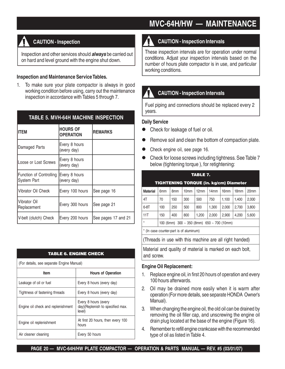 Multiquip MVC-64HW MVC-64H/HW Maintenance, Inspection and Maintenance ServiceTables, Daily Service, Engine Oil Replacement 