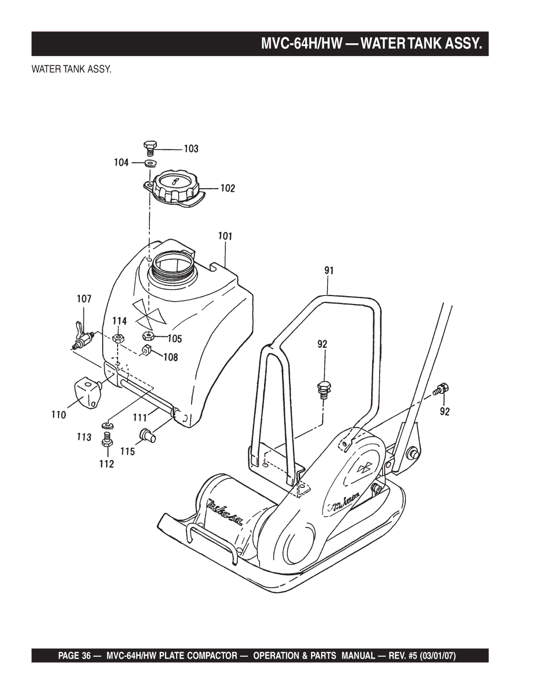 Multiquip MVC-64HW manual MVC-64H/HW Watertank Assy, Water Tank Assy 