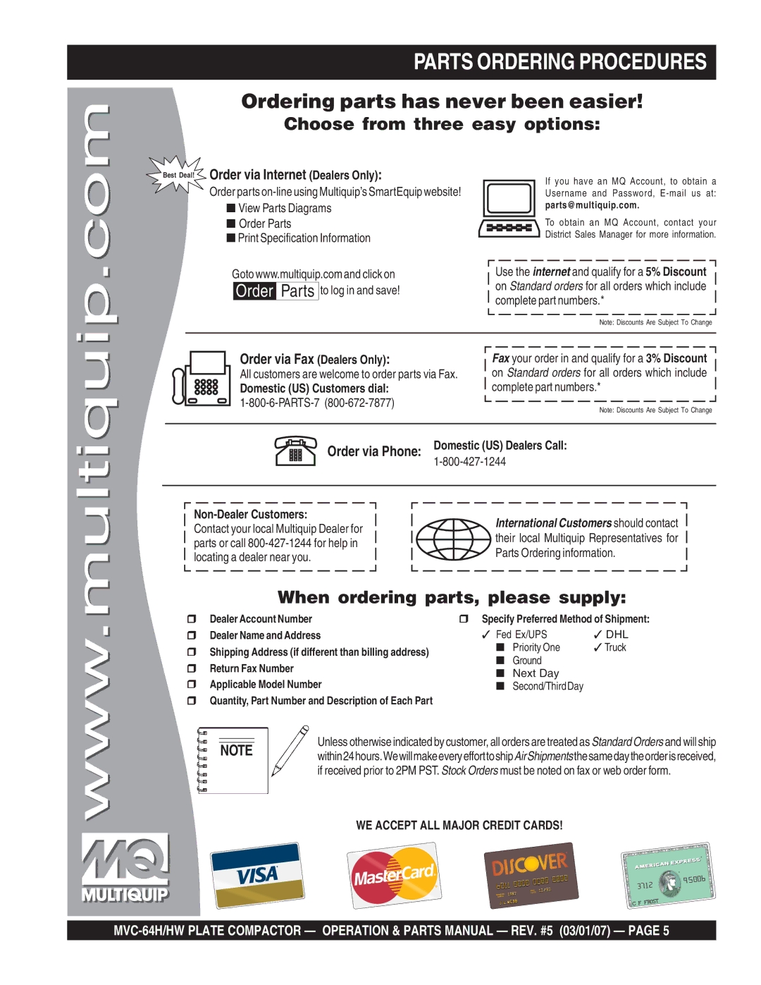 Multiquip MVC-64H manual Parts Ordering Procedures, Best Deal! Order via Internet Dealers Only, Order via Fax Dealers Only 