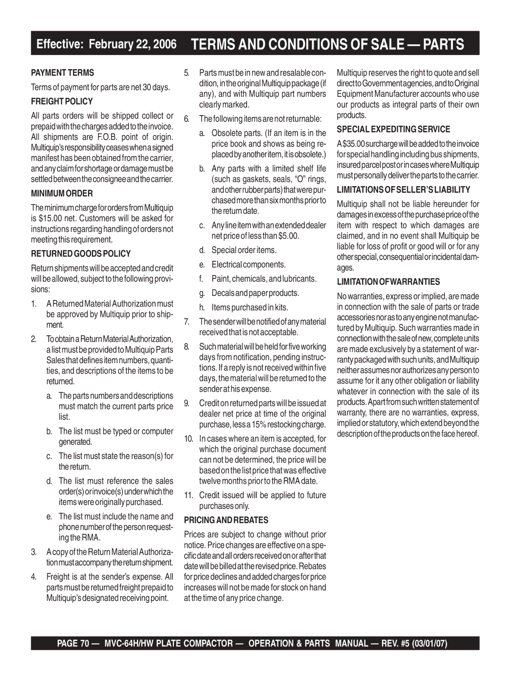 Multiquip MVC-64HW manual Payment Terms 